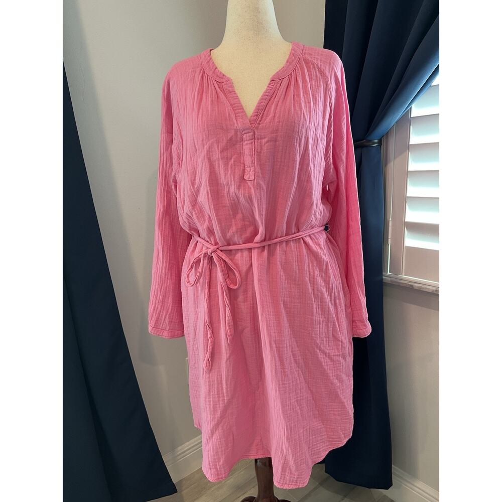 MARGARET O'LEARY Pink Large V-Neck Cotton Dress Beach Yacht Pool Party Boho Fun